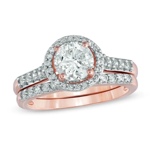 6.5mm Lab-Created White Sapphire Frame Fashion Ring Set in Sterling Silver with 14K Rose Gold Plate|Peoples Jewellers