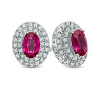 Oval Lab-Created Ruby and White Sapphire Frame Stud Earrings in 10K White Gold|Peoples Jewellers