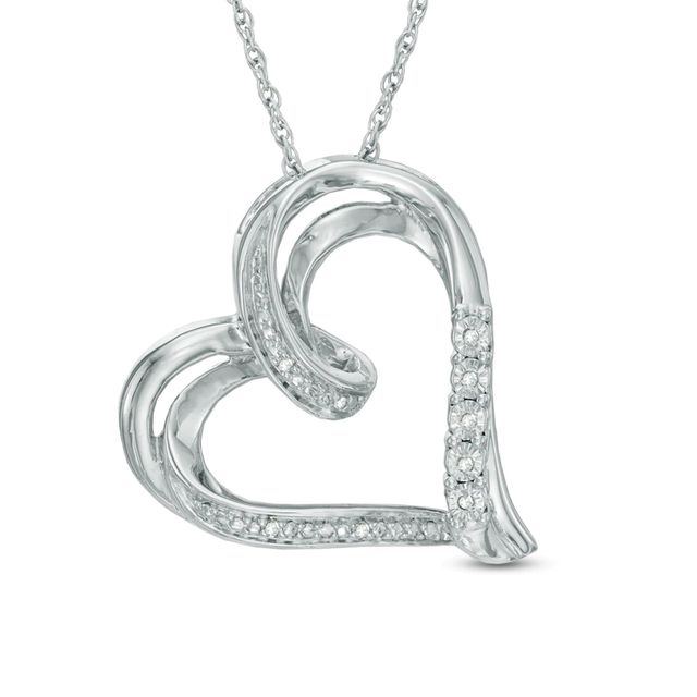 Diamond Accent Tilted Ribbon Heart Pendant in Sterling Silver|Peoples Jewellers
