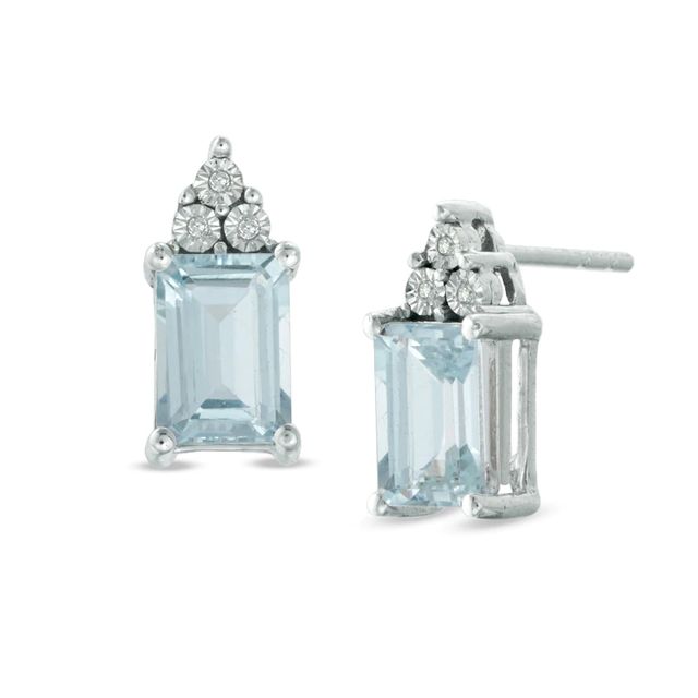 Emerald-Cut Aquamarine and Diamond Accent Stud Earrings in 10K White Gold|Peoples Jewellers
