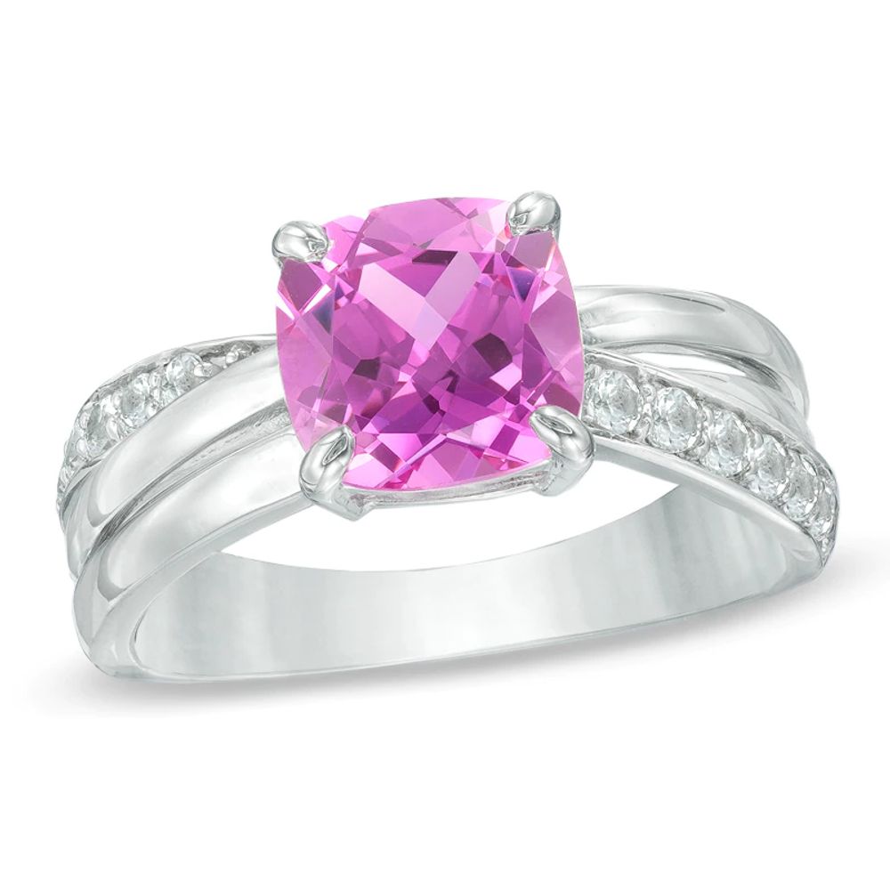 8.0mm Cushion-Cut Lab-Created Pink and White Sapphire Ring in 10K White Gold|Peoples Jewellers