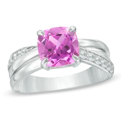 8.0mm Cushion-Cut Lab-Created Pink and White Sapphire Ring in 10K White Gold|Peoples Jewellers