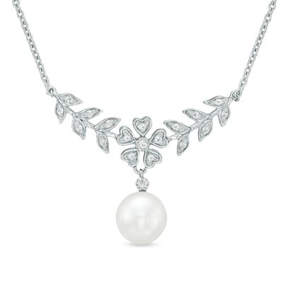 8.0-9.0mm Freshwater Cultured Pearl and White Topaz Flower Necklace in Sterling Silver|Peoples Jewellers