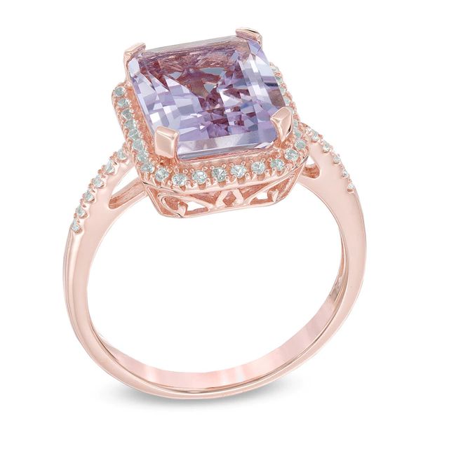 Emerald-Cut Rose de France Amethyst and Lab-Created White Sapphire Frame Ring in 10K Rose Gold