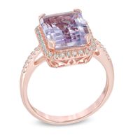 Emerald-Cut Rose de France Amethyst and Lab-Created White Sapphire Frame Ring in 10K Rose Gold|Peoples Jewellers