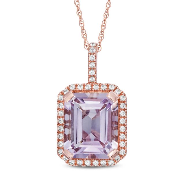 Emerald-Cut Rose de France Amethyst and Lab-Created White Sapphire Frame Pendant in 10K Rose Gold|Peoples Jewellers