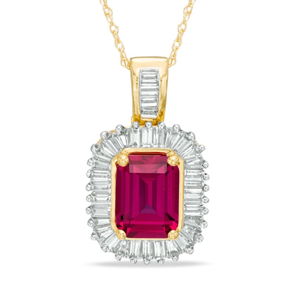 Emerald-Cut Lab-Created Ruby and Baguette White Sapphire Frame Pendant in 10K Gold|Peoples Jewellers