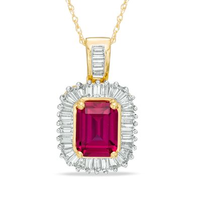 Emerald-Cut Lab-Created Ruby and Baguette White Sapphire Frame Pendant in 10K Gold|Peoples Jewellers