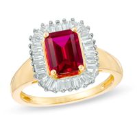 Emerald-Cut Lab-Created Ruby and Baguette White Sapphire Frame Ring in 10K Gold|Peoples Jewellers