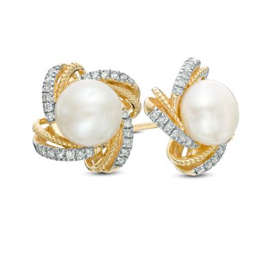 6.0mm Freshwater Cultured Pearl and 0.11 CT. T.W. Diamond Stud Earrings in 10K Gold|Peoples Jewellers