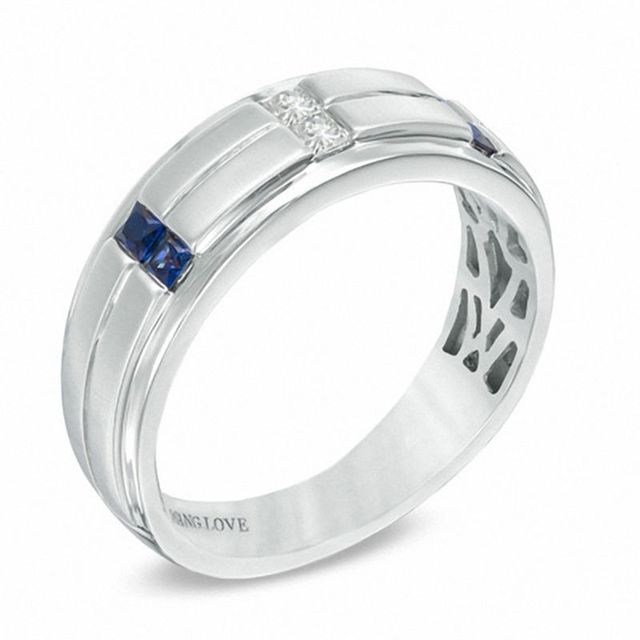 Vera Wang Love Collection Men's 0.12 CT. T.W. Square-Cut Diamond and Blue Sapphire Wedding Band in 14K White Gold