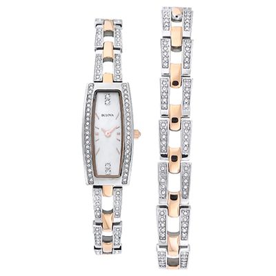 Ladies' Bulova Crystal Accent Watch with Rectangular Mother-of-Pearl Dial Boxed Watch and Bracelet Set (Model: 98X110)|Peoples Jewellers