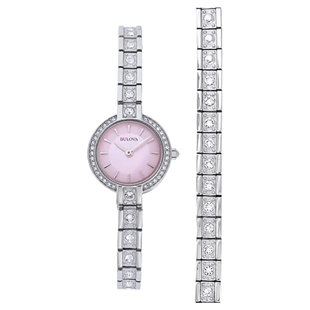 Ladies' Bulova Crystal Accent Watch with Pink Mother-of-Pearl Dial Boxed Watch and Bracelet Set (Model: 96X131)|Peoples Jewellers