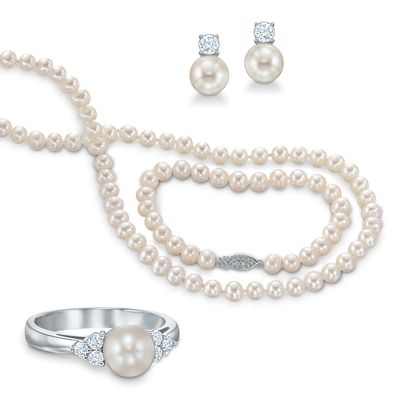 6.5-7.0mm Freshwater Cultured Pearl and Lab-Created White Sapphire Necklace, Bracelet, Drop Earrings and Ring Set|Peoples Jewellers