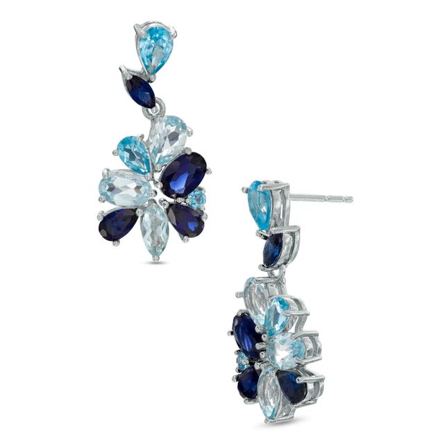 Blue Topaz and Lab-Created Blue Sapphire Cluster Drop Earrings in Sterling Silver