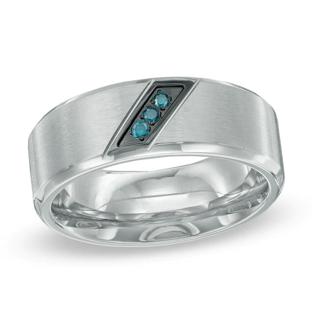 Men's Enhanced Blue Diamond Accent Slant Wedding Band in Two-Tone Stainless Steel - Size 10