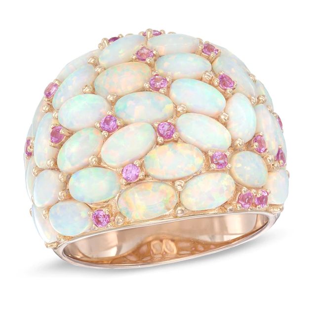 Oval Lab-Created Opal and Pink Sapphire Dome Ring in Sterling Silver with 18K Rose Gold Plate|Peoples Jewellers
