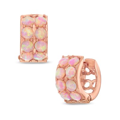 Lab-Created Pink Opal Huggie Hoop Earrings in Sterling Silver with 18K Rose Gold Plate|Peoples Jewellers