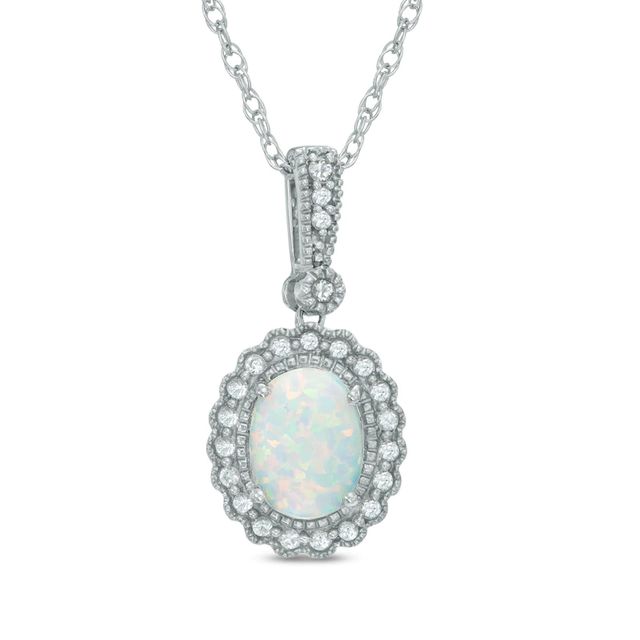 Oval Lab-Created Opal and White Sapphire Frame Pendant in Sterling Silver|Peoples Jewellers