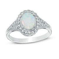 Oval Lab-Created Opal and White Lab-Created Sapphire Frame Vintage-Style Ring in Sterling Silver|Peoples Jewellers