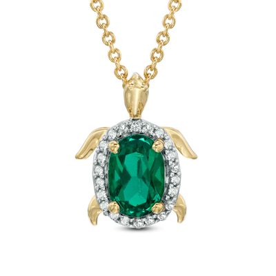 Oval Lab-Created Emerald and White Lab-Created Sapphire Turtle Pendant in Sterling Silver with 18K Gold Plate|Peoples Jewellers