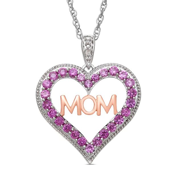 Lab-Created Pink Sapphire and Diamond Accent "MOM" Heart Pendant in Sterling Silver with 14K Rose Gold Plate|Peoples Jewellers