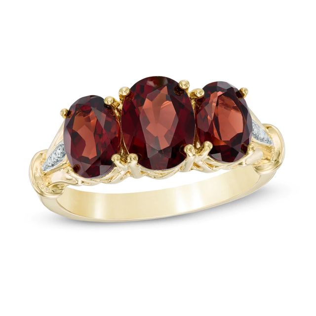 Oval Garnet and Diamond Accent Three Stone Ring in 10K Gold|Peoples Jewellers