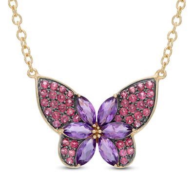 Marquise-Cut Amethyst and Rhodolite Garnet Butterfly Necklace in Sterling Silver with 18K Gold Plate|Peoples Jewellers