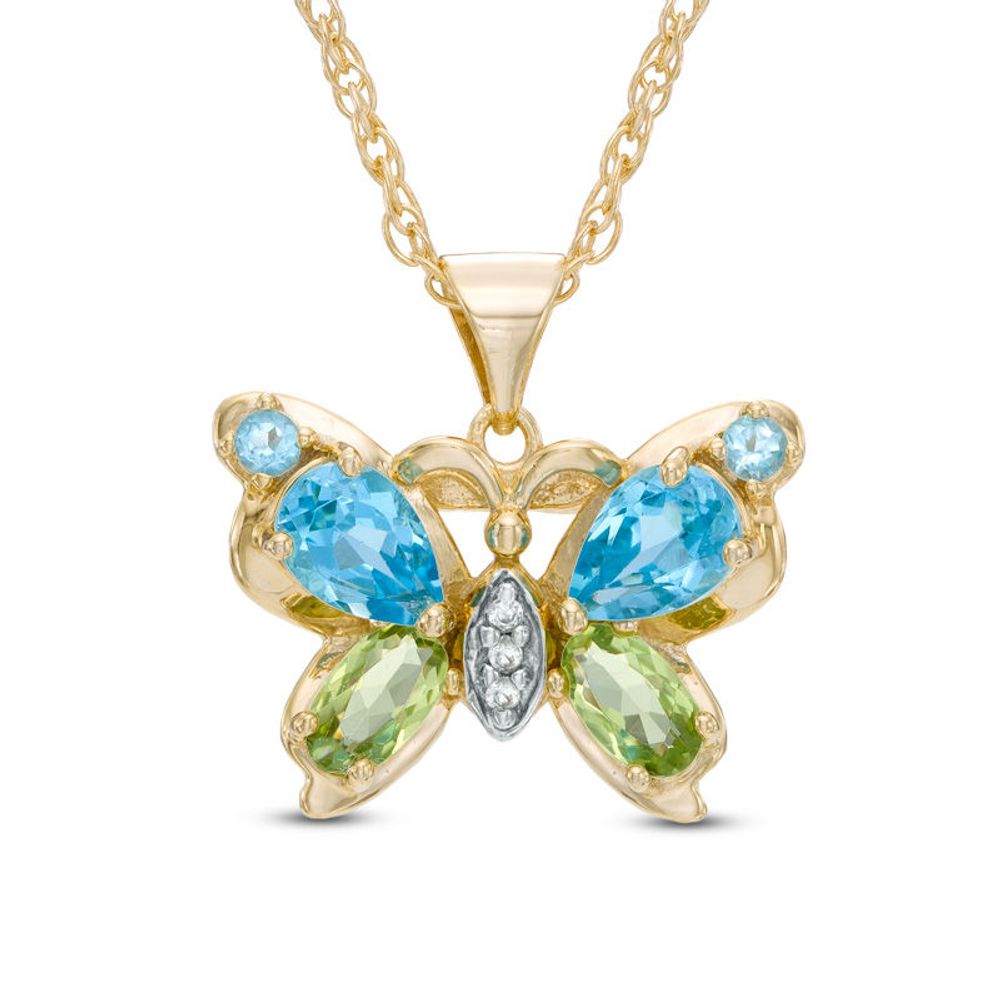 Blue Topaz, Peridot and Lab-Created White Sapphire Butterfly Pendant in Sterling Silver with 14K Gold Plate|Peoples Jewellers