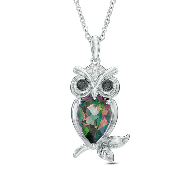 Mystic Fire® Topaz, Black Diamond Accent and Lab-Created White Sapphire Owl Pendant in Sterling Silver