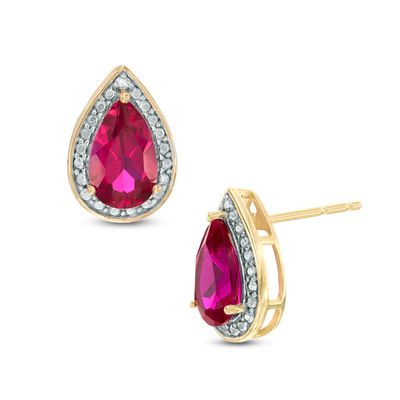 Pear-Shaped Lab-Created Ruby and Diamond Accent Stud Earrings in 10K Gold|Peoples Jewellers