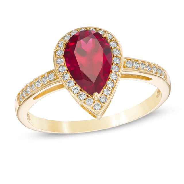 Pear-Shaped Lab-Created Ruby and Diamond Accent Ring in 10K Gold|Peoples Jewellers