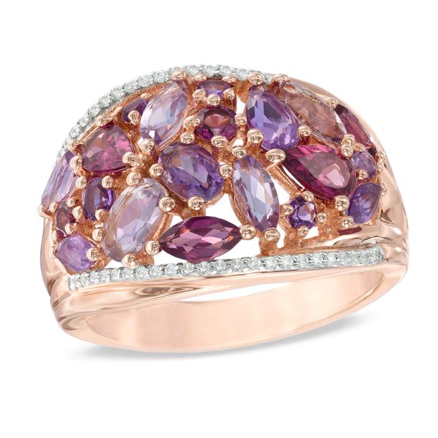 Rose de France Amethyst, Rhodolite Garnet and Lab-Created White Sapphire Ring in Sterling Silver with 14K Rose Gold Plate