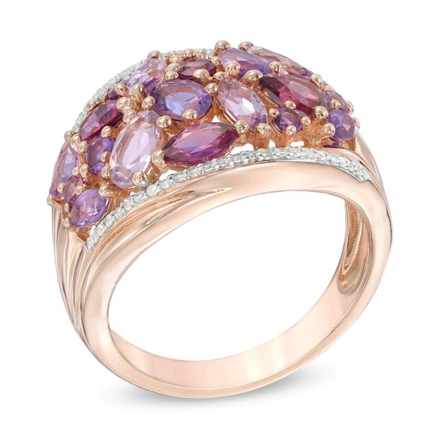 Rose de France Amethyst, Rhodolite Garnet and Lab-Created White Sapphire Ring in Sterling Silver with 14K Rose Gold Plate