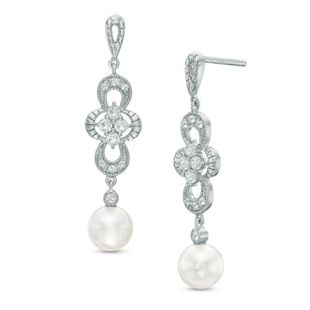 6.0-7.0mm Freshwater Cultured Pearl and Lab-Created White Sapphire Drop Earrings in Sterling Silver|Peoples Jewellers