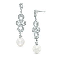 6.0-7.0mm Freshwater Cultured Pearl and Lab-Created White Sapphire Drop Earrings in Sterling Silver|Peoples Jewellers