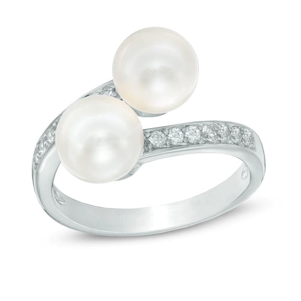 6.5-7.0mm Freshwater Cultured Pearl and Lab-Created White Sapphire Bypass Ring in Sterling Silver|Peoples Jewellers