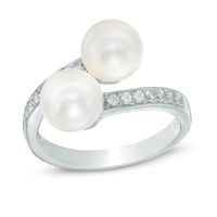 6.5-7.0mm Freshwater Cultured Pearl and Lab-Created White Sapphire Bypass Ring in Sterling Silver|Peoples Jewellers