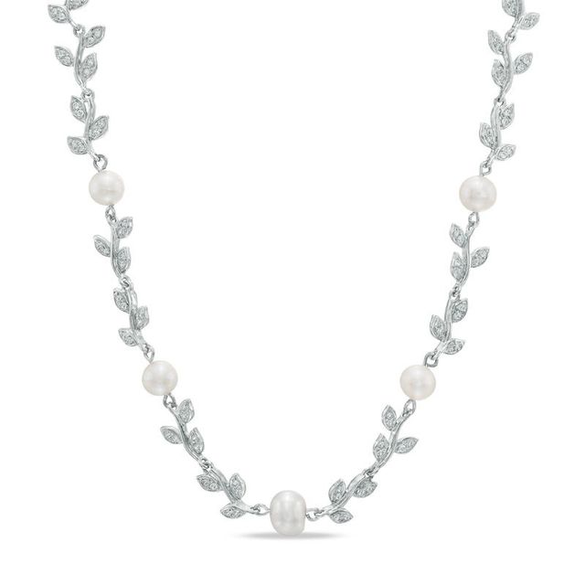 6.0-7.5mm Freshwater Cultured Pearl and Lab-Created White Sapphire Floral Necklace in Sterling Silver-18.5"|Peoples Jewellers