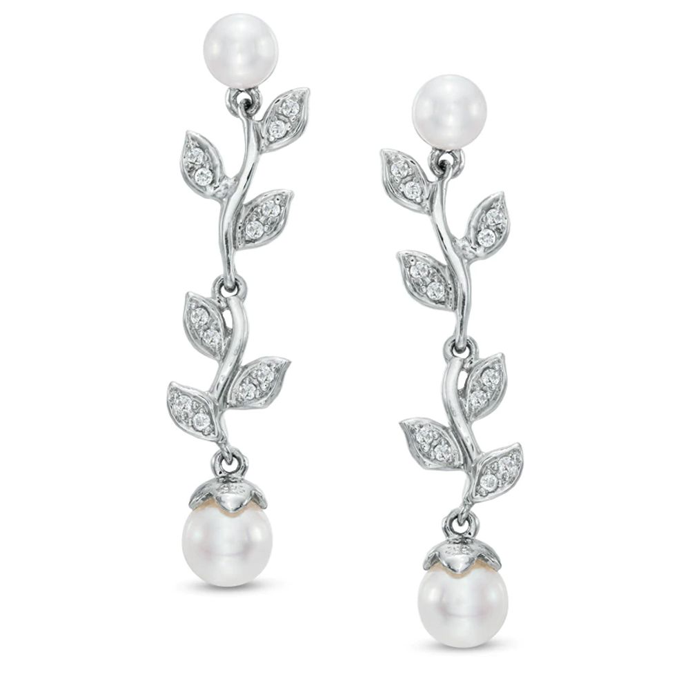 5.0-6.5mm Freshwater Cultured Pearl and Lab-Created White Sapphire Floral Drop Earrings in Sterling Silver|Peoples Jewellers