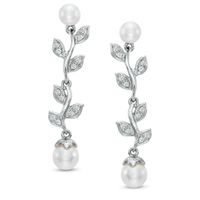 5.0-6.5mm Freshwater Cultured Pearl and Lab-Created White Sapphire Floral Drop Earrings in Sterling Silver|Peoples Jewellers