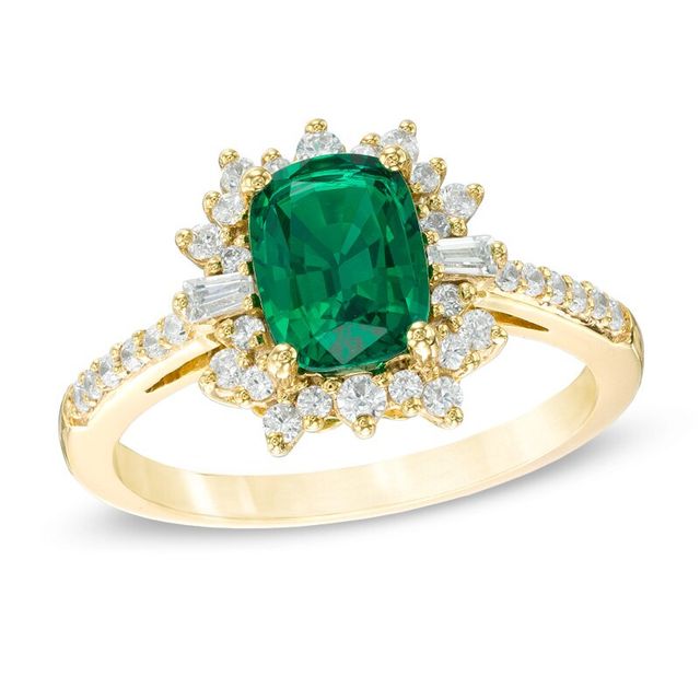 Cushion-Cut Lab-Created Emerald and White Sapphire Starburst Frame Ring in 10K Gold|Peoples Jewellers