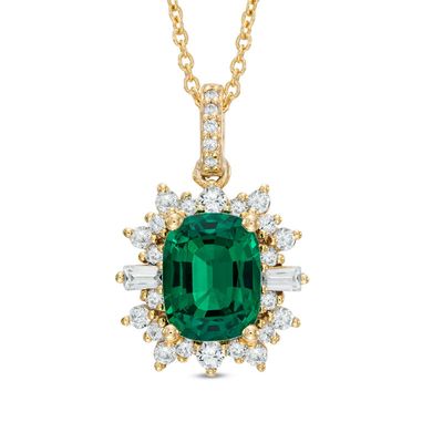 Cushion-Cut Lab-Created Emerald and White Sapphire Starburst Frame Pendant in 10K Gold|Peoples Jewellers