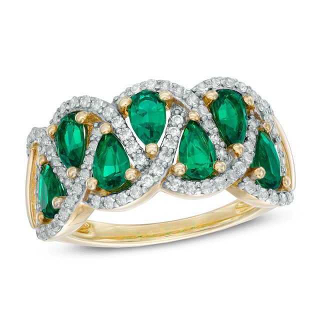 Pear-Shaped Lab-Created Emerald and White Sapphire Braid Ring in Sterling Silver with 14K Gold Plate