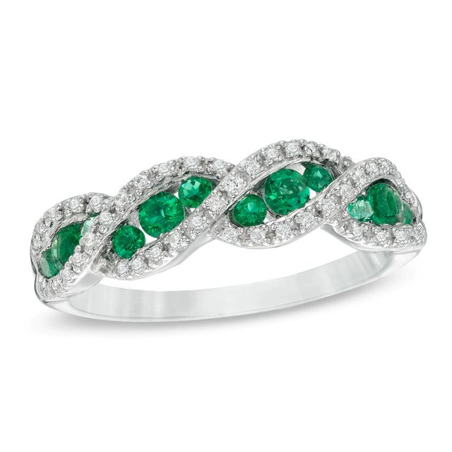 Lab-Created Emerald and White Sapphire Cascading Trios Ring in Sterling Silver|Peoples Jewellers