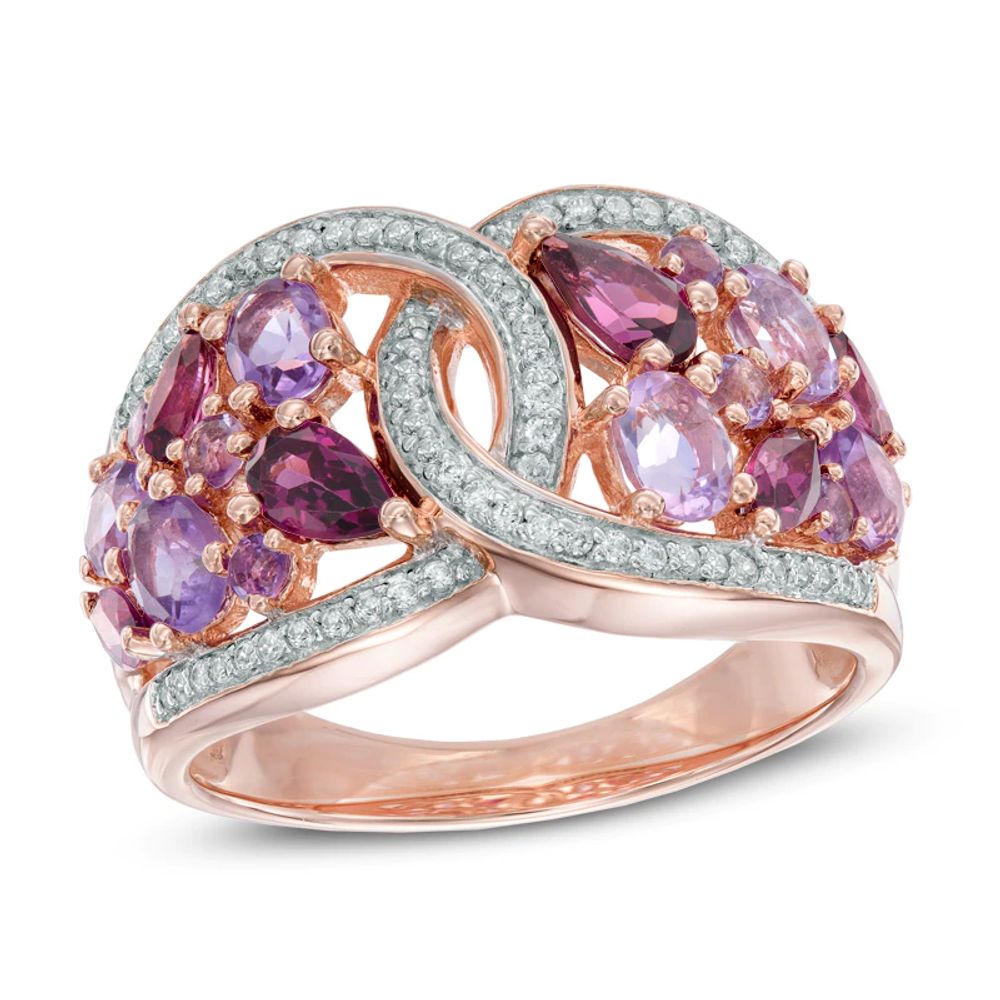 Rose de France Amethyst, Rhodolite Garnet and Lab-Created White Sapphire Ring in Sterling Silver with 14K Rose Gold Plate|Peoples Jewellers