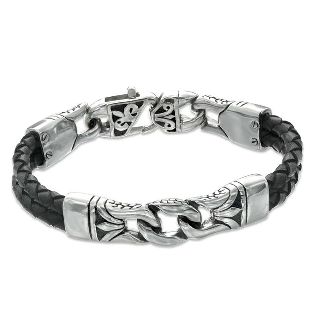 13.0mm Men's Black Leather and Stainless Steel Spartan Link Bracelet - 8.5"|Peoples Jewellers