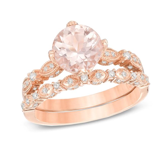 Morganite and 0.34 CT. T.W. Diamond Vintage-Style Bridal Set in 14K Rose Gold|Peoples Jewellers
