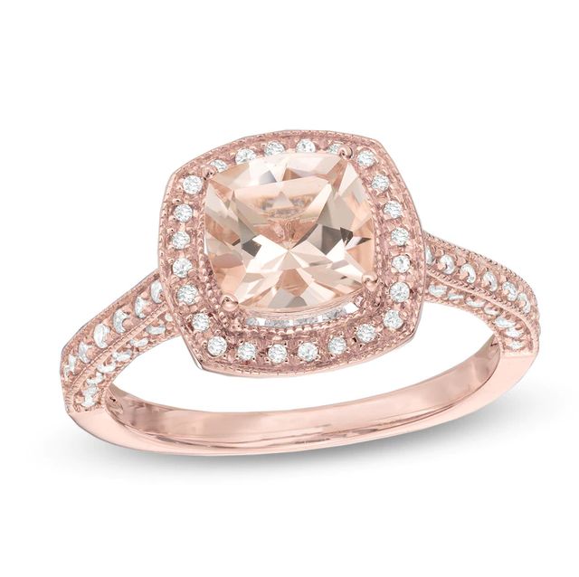 Your Stone Your Story™ 7.0mm Cushion-Cut Morganite and 0.27 CT. T.W. Diamond Frame Ring in 14K Rose Gold