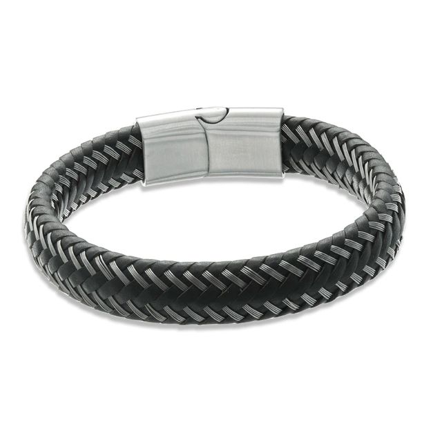 Men's 12.0mm Black Braided Leather and Stainless Steel Bracelet - 8.5"|Peoples Jewellers